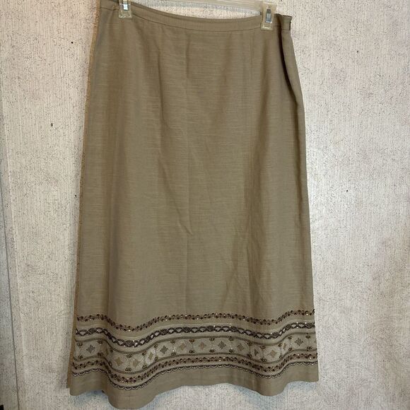 Due Per Due Skirt Womens Size‎ 14 Beige Beaded Maxi A Line Linen Blend Business